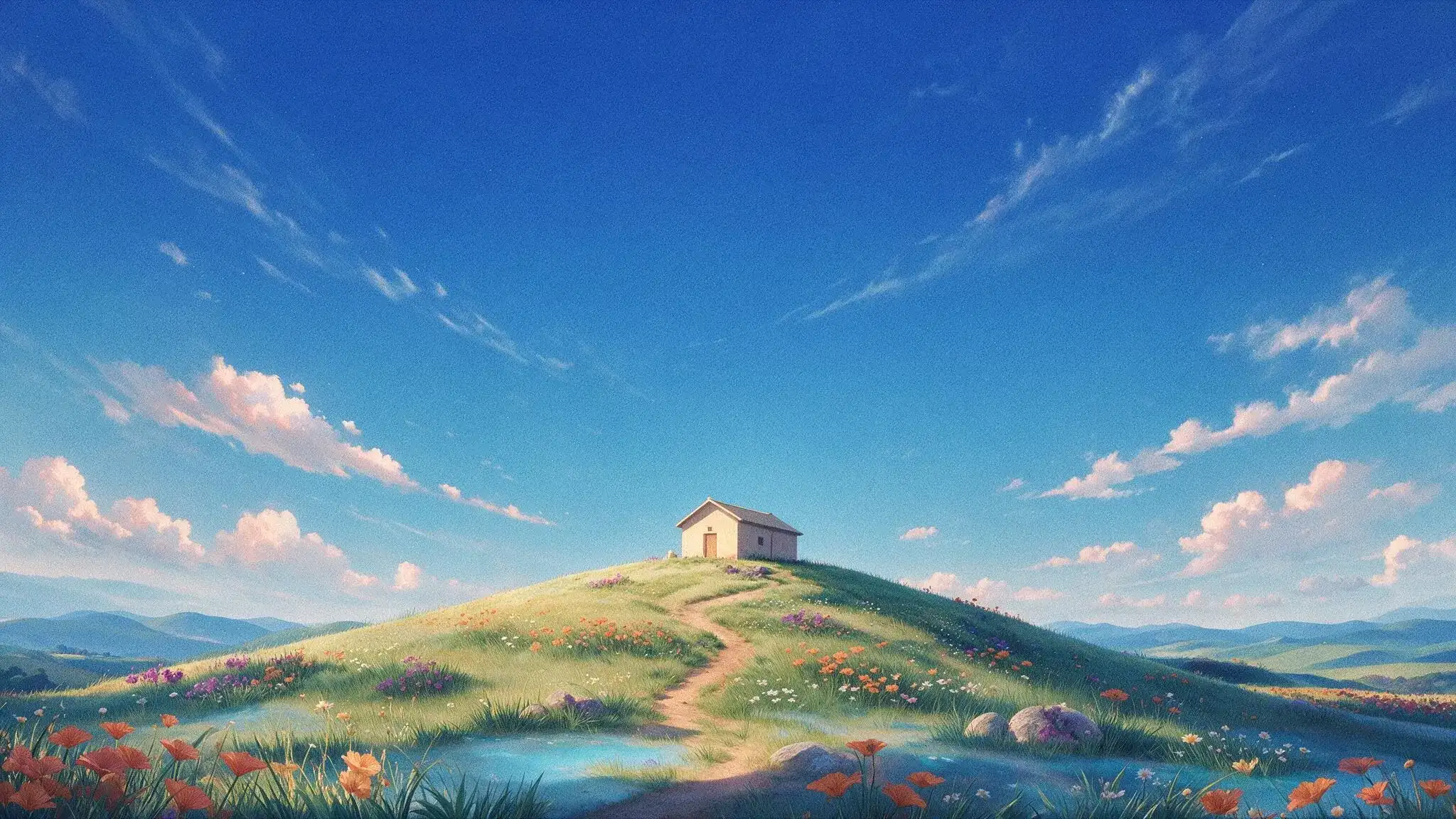 Illustration peinte d’une petite maison de location saisonnière seule sur une colline fleurie, sous un grand ciel bleu