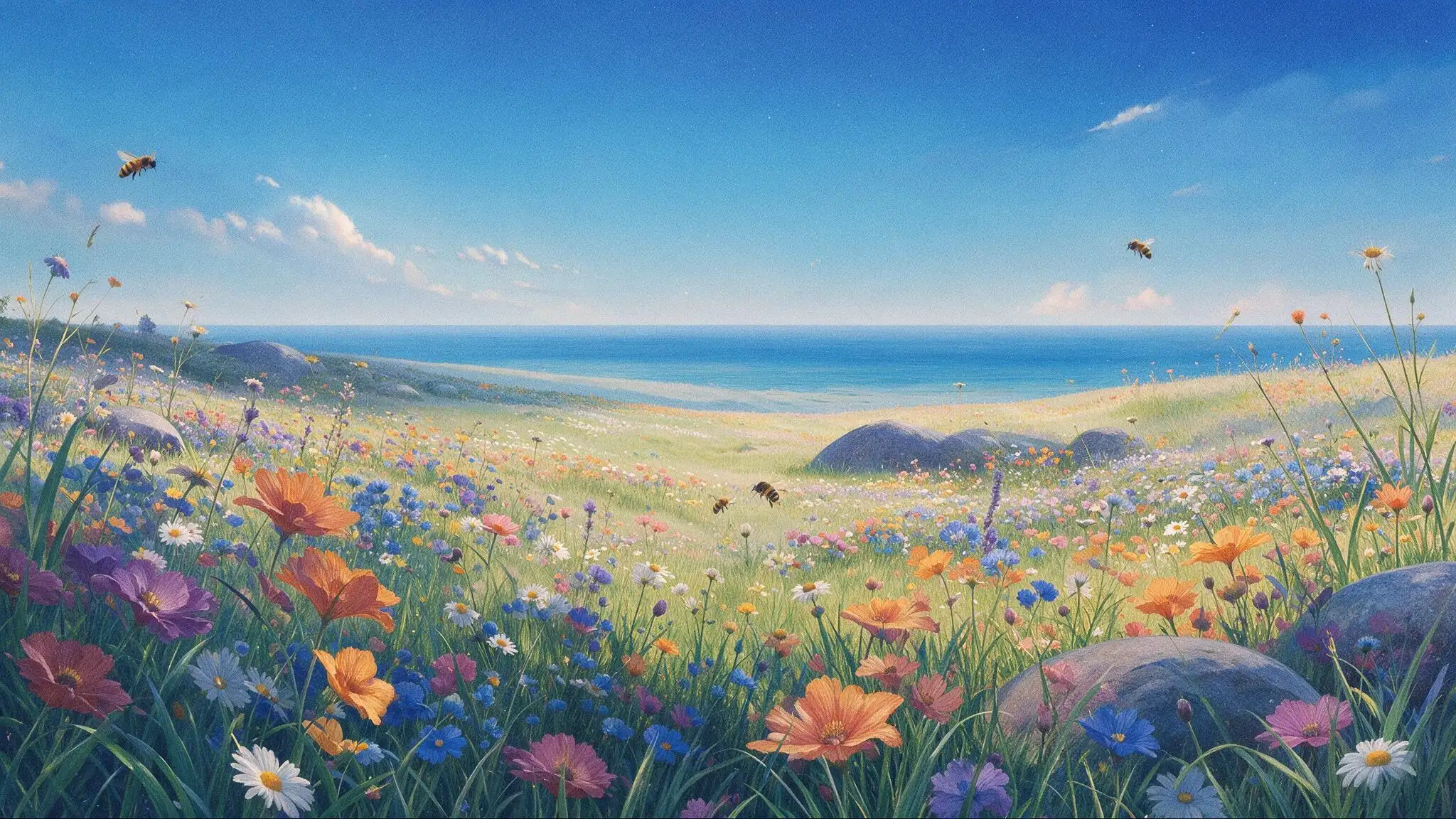 Illustration peinte d’une prairie de fleurs sauvages descendant vers la mer, sous un grand ciel bleu où volent quelques abeilles