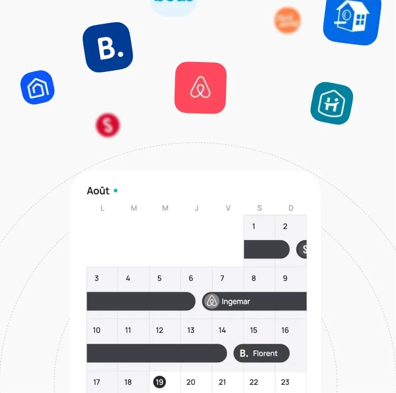 Les plateformes de réservation, Airbnb, Booking.com, Abritel et les autres, alimentent un même calendrier mensuel où chaque séjour porte le logo de son canal.