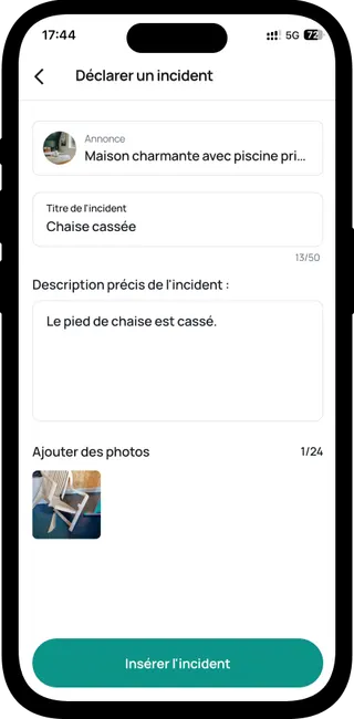 Écran de déclaration d’un incident dans l’application Loftely : le logement concerné, le titre « Chaise cassée » et la photo jointe.