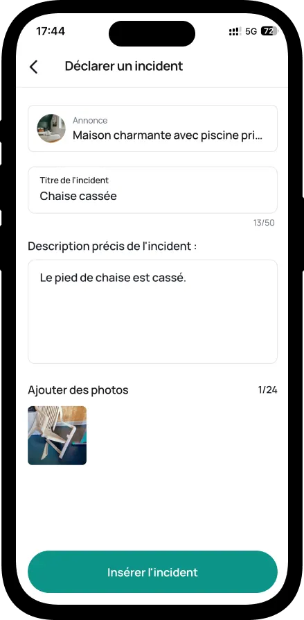 Écran de déclaration d’un incident dans l’application Loftely : le logement concerné, le titre « Chaise cassée », la description et la photo jointe.
