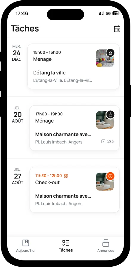 Liste des tâches d’un agent dans l’application Loftely : trois interventions datées avec leurs horaires, le logement concerné et l’avancement de la checklist.