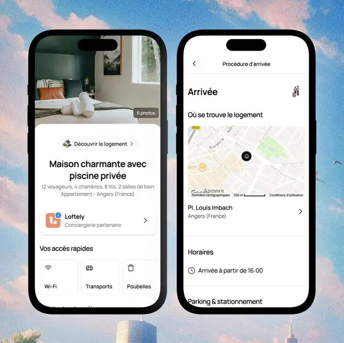 Un livret d’accueil Loftely ouvert sur téléphone : la photographie du logement, les rubriques d’arrivée, d’équipements et de recommandations.