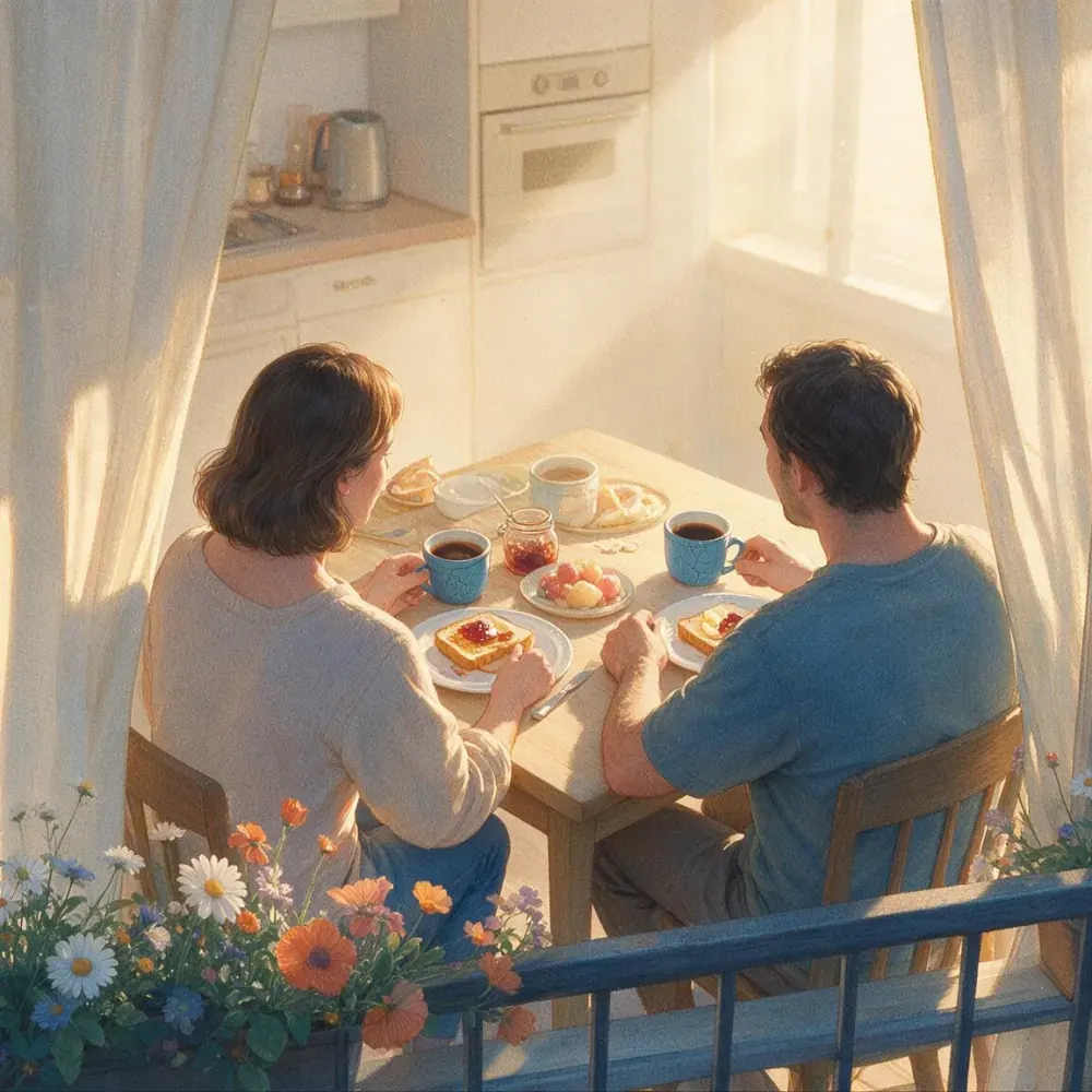 Illustration peinte d’un couple de voyageurs qui prend son petit-déjeuner dans la cuisine ensoleillée d’une location