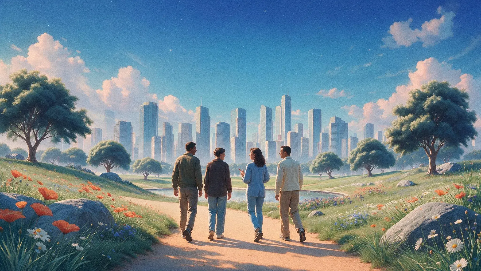 Illustration peinte de quatre personnes qui marchent et discutent sur un chemin, une ville à l’horizon