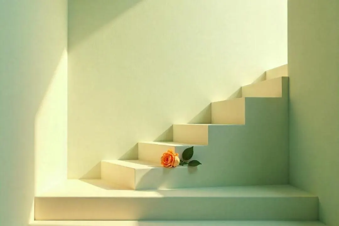 Un escalier vert avec une fleur posée sur une marche