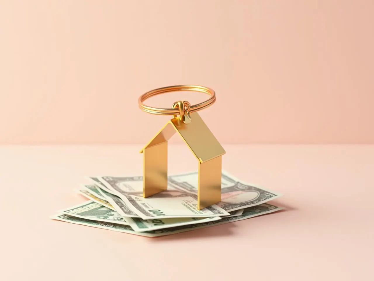 Une maison miniature et un trousseau de clés posés sur des billets