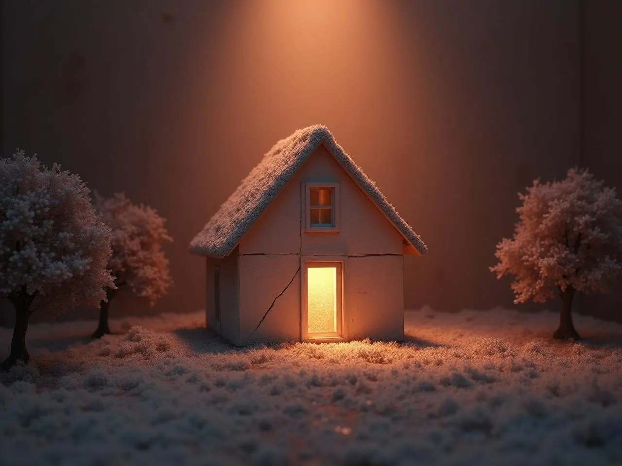 Une petite maison éclairée de l’intérieur, la nuit, entre des arbres