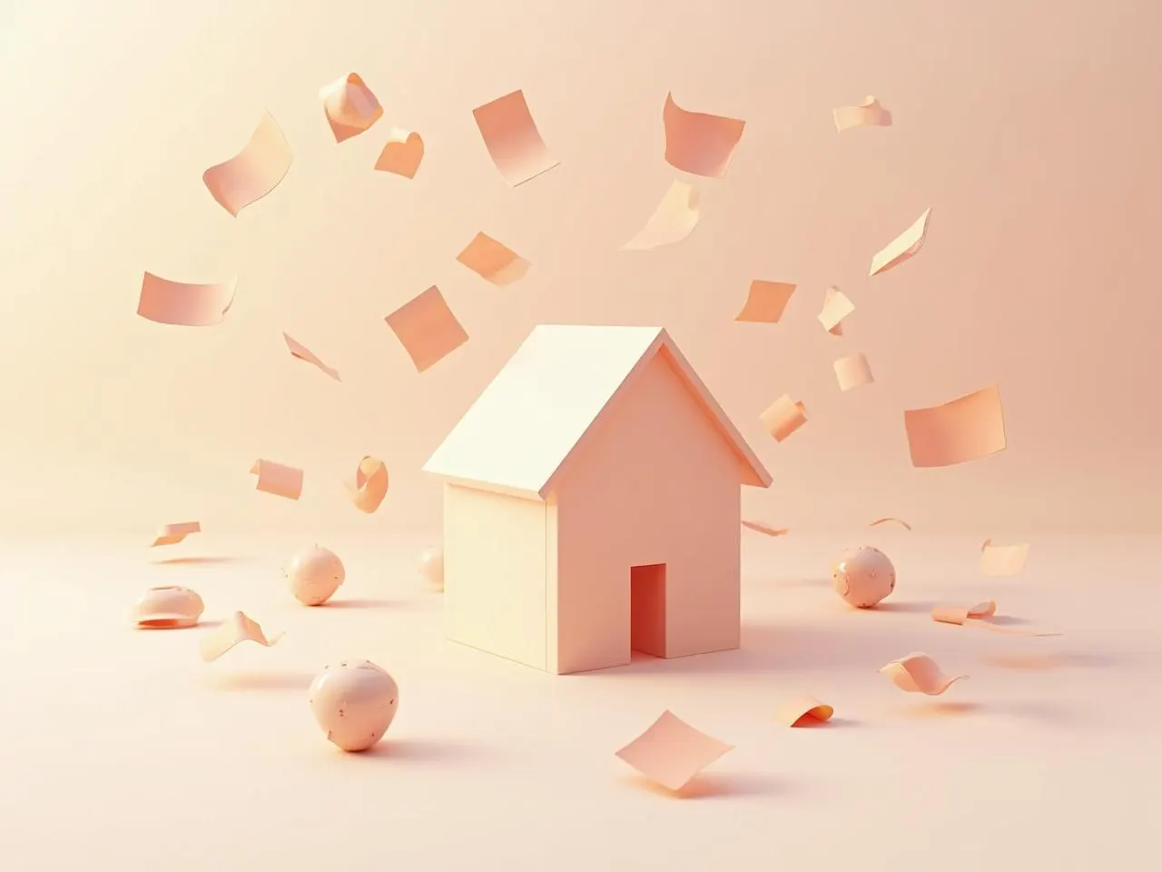 Une maison miniature au milieu de morceaux qui volent