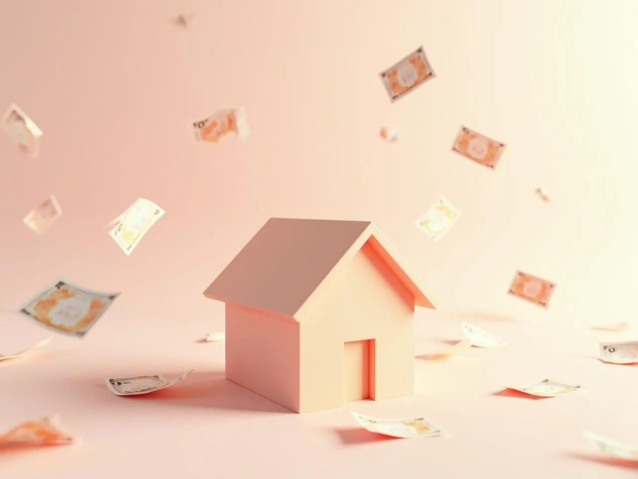 Une maison miniature entourée de billets qui tombent