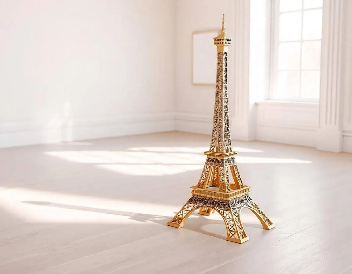 Une tour Eiffel dorée dans une pièce vide