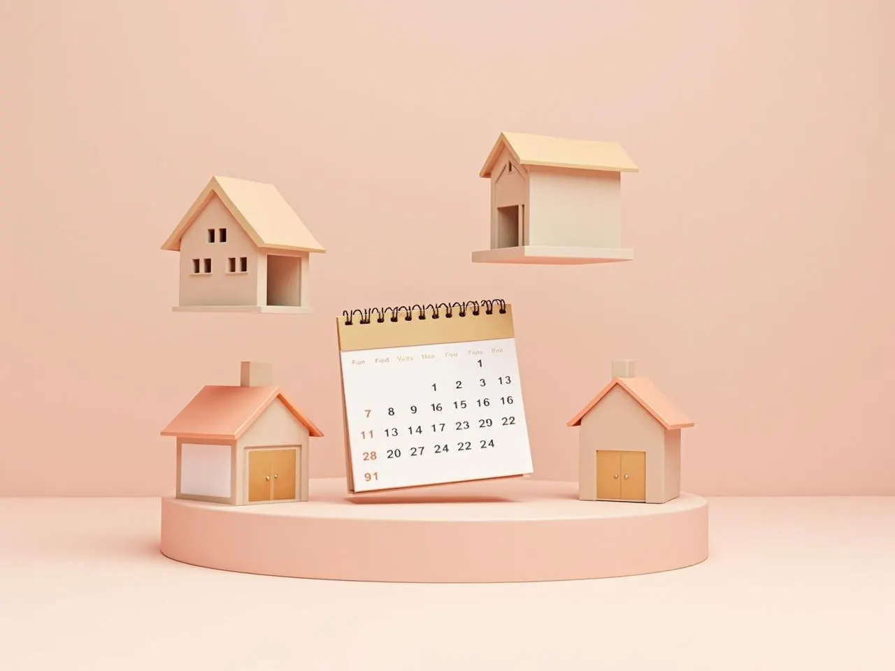 Un calendrier entouré de maisons miniatures