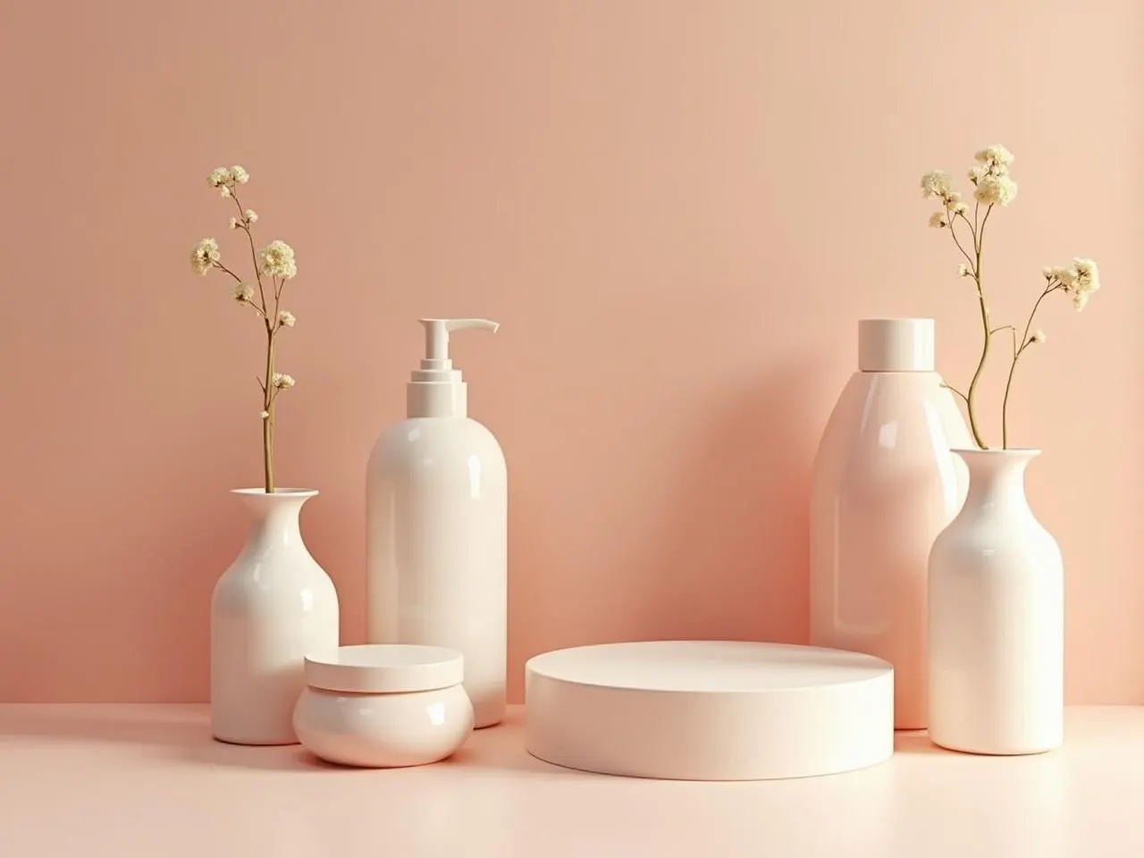 Des flacons et des vases posés autour d’un socle