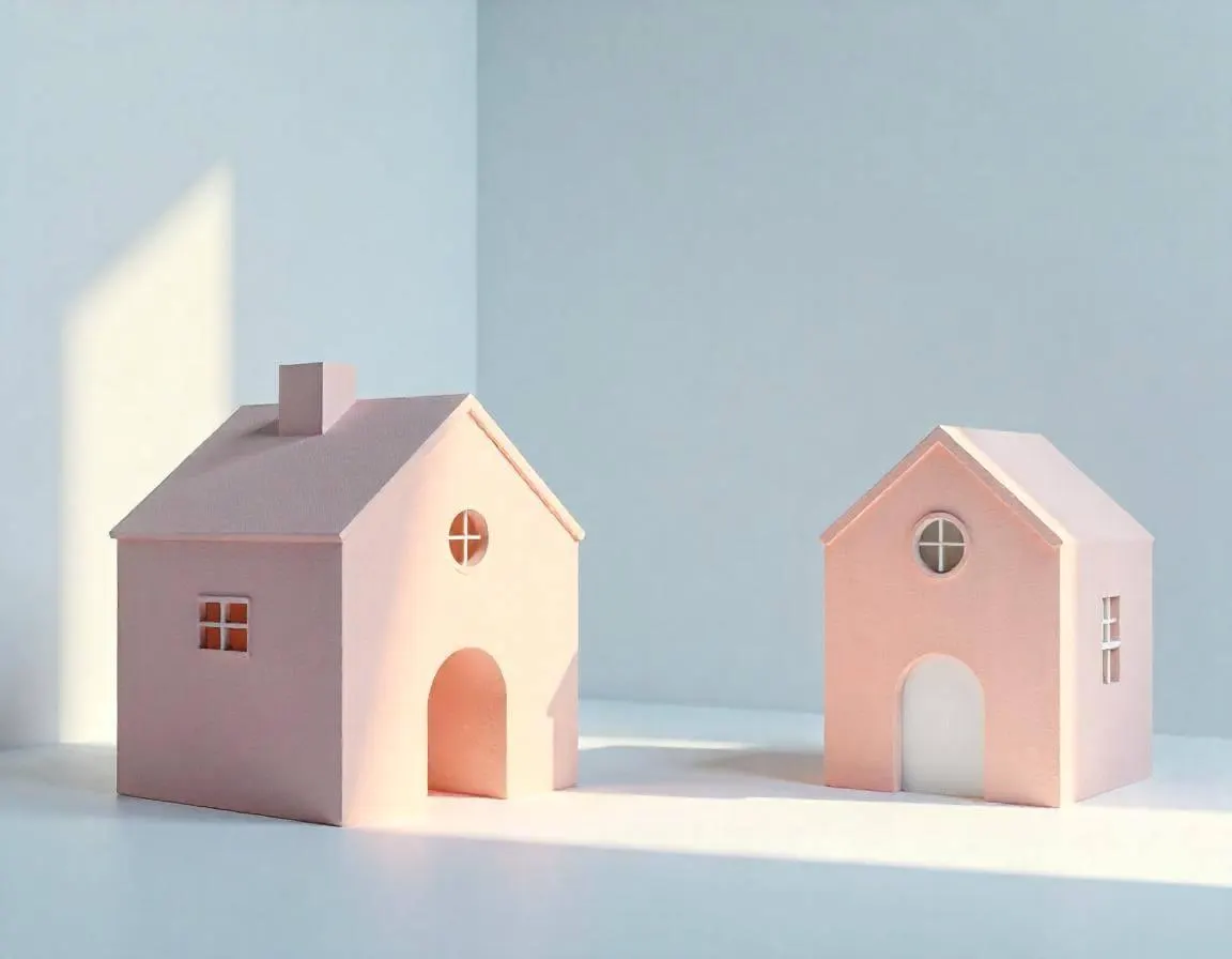 Deux maisons miniatures devant un mur bleu