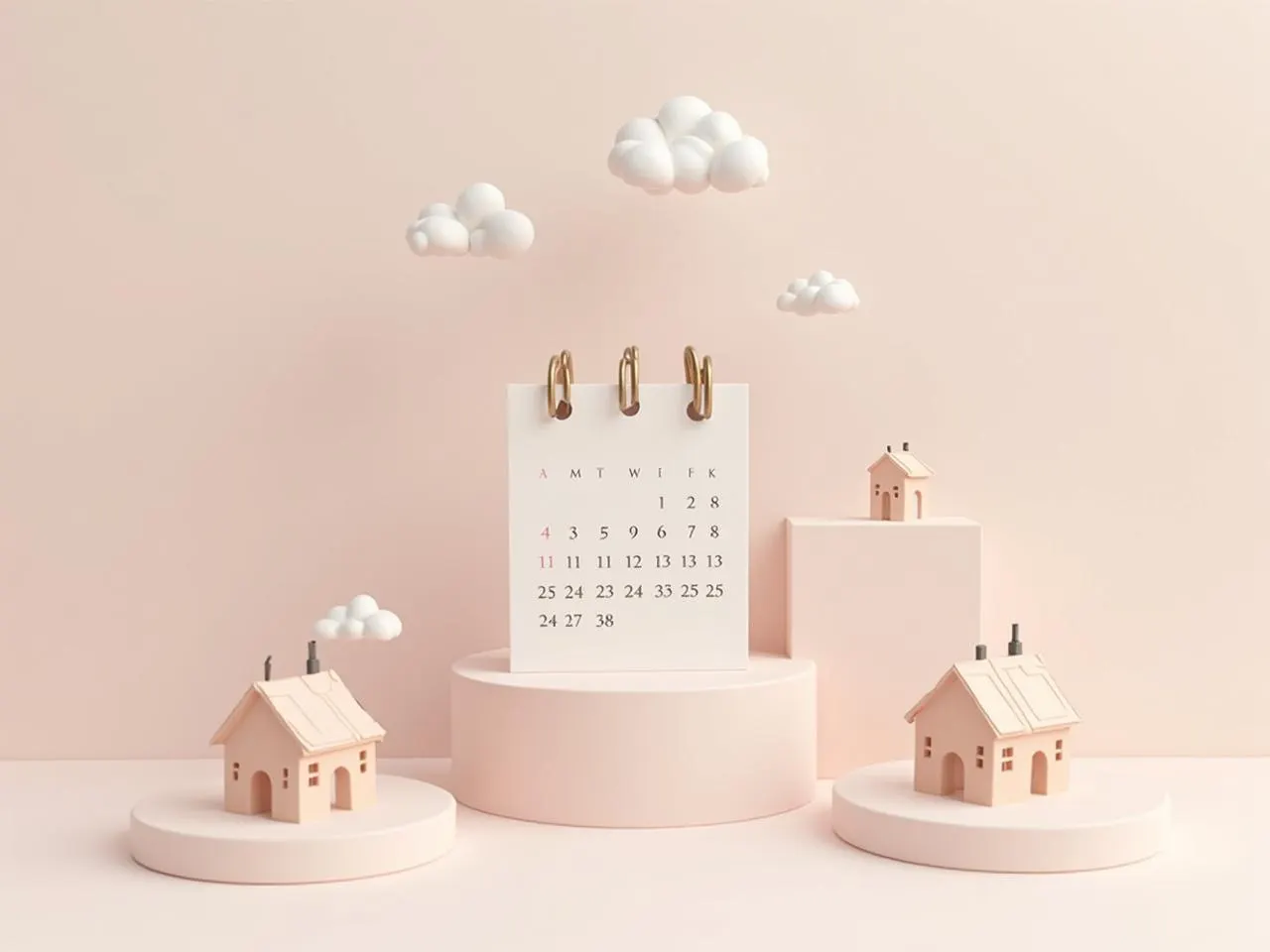 Un calendrier et des maisons miniatures sous des nuages