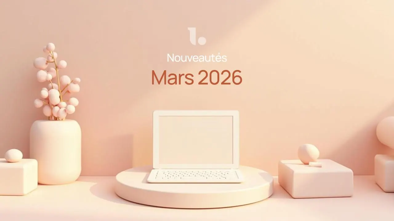 Une carte « Nouveautés, Mars 2026 » posée près d’un ordinateur portable