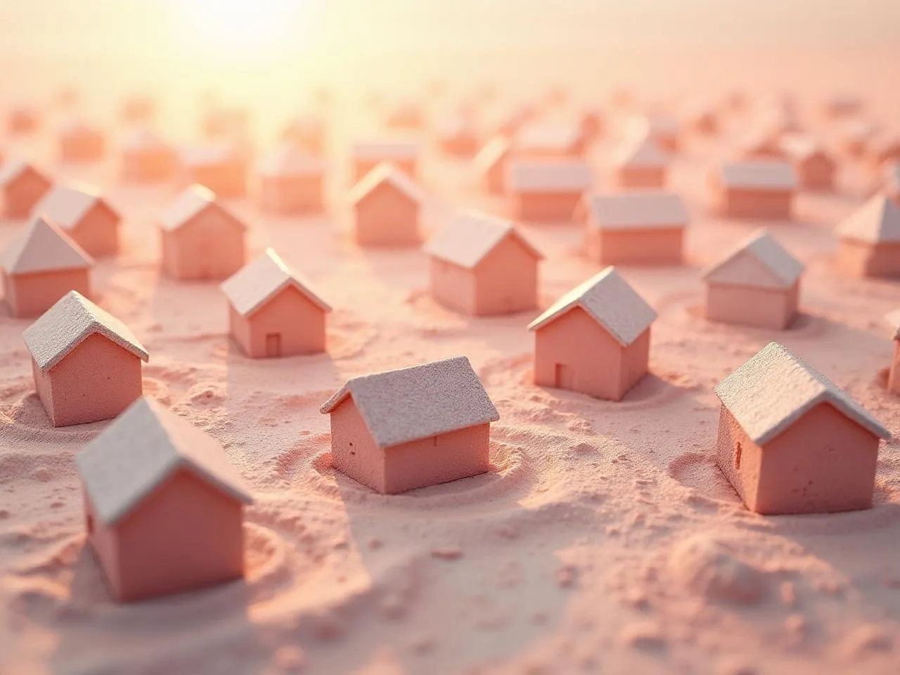 Des dizaines de maisons miniatures alignées sur du sable