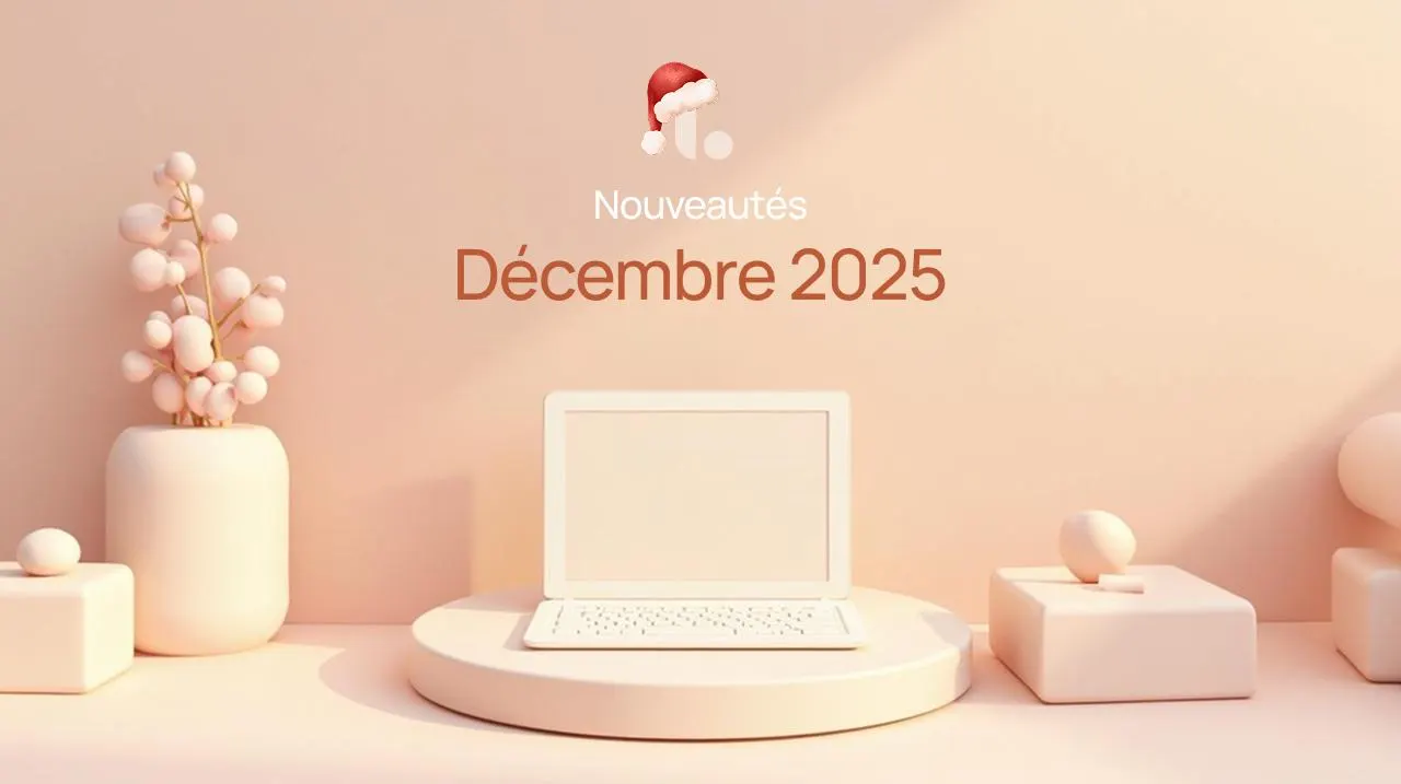 Une carte « Nouveautés, Décembre 2025 », un bonnet de Noël sur le logo