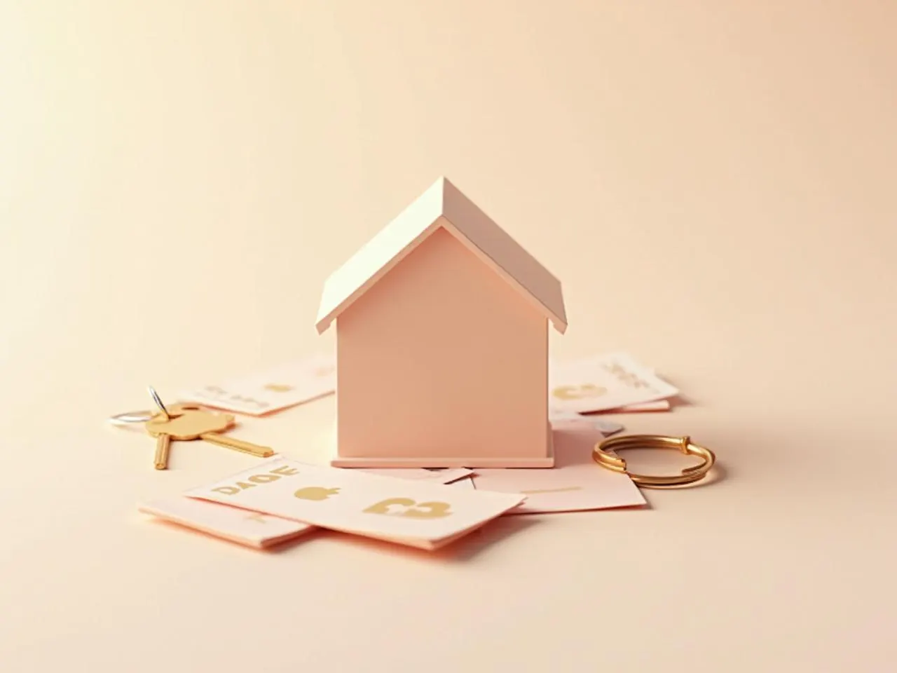 Une maison miniature posée sur des documents et des clés