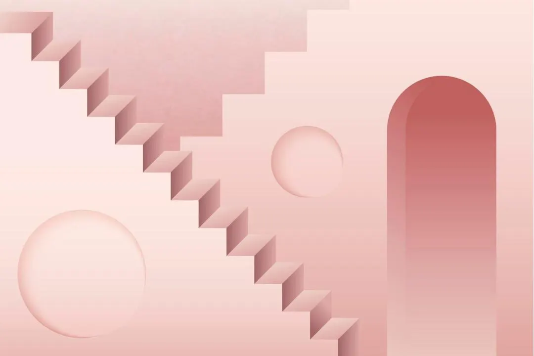 Un escalier rose et une arche