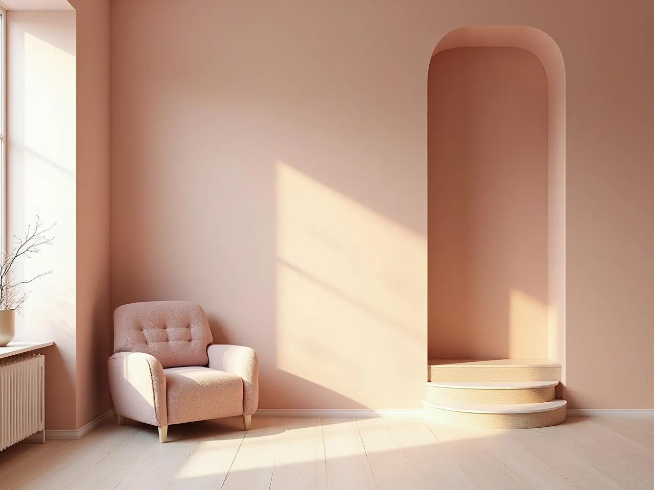 Un fauteuil dans une pièce lumineuse, près d’une arche