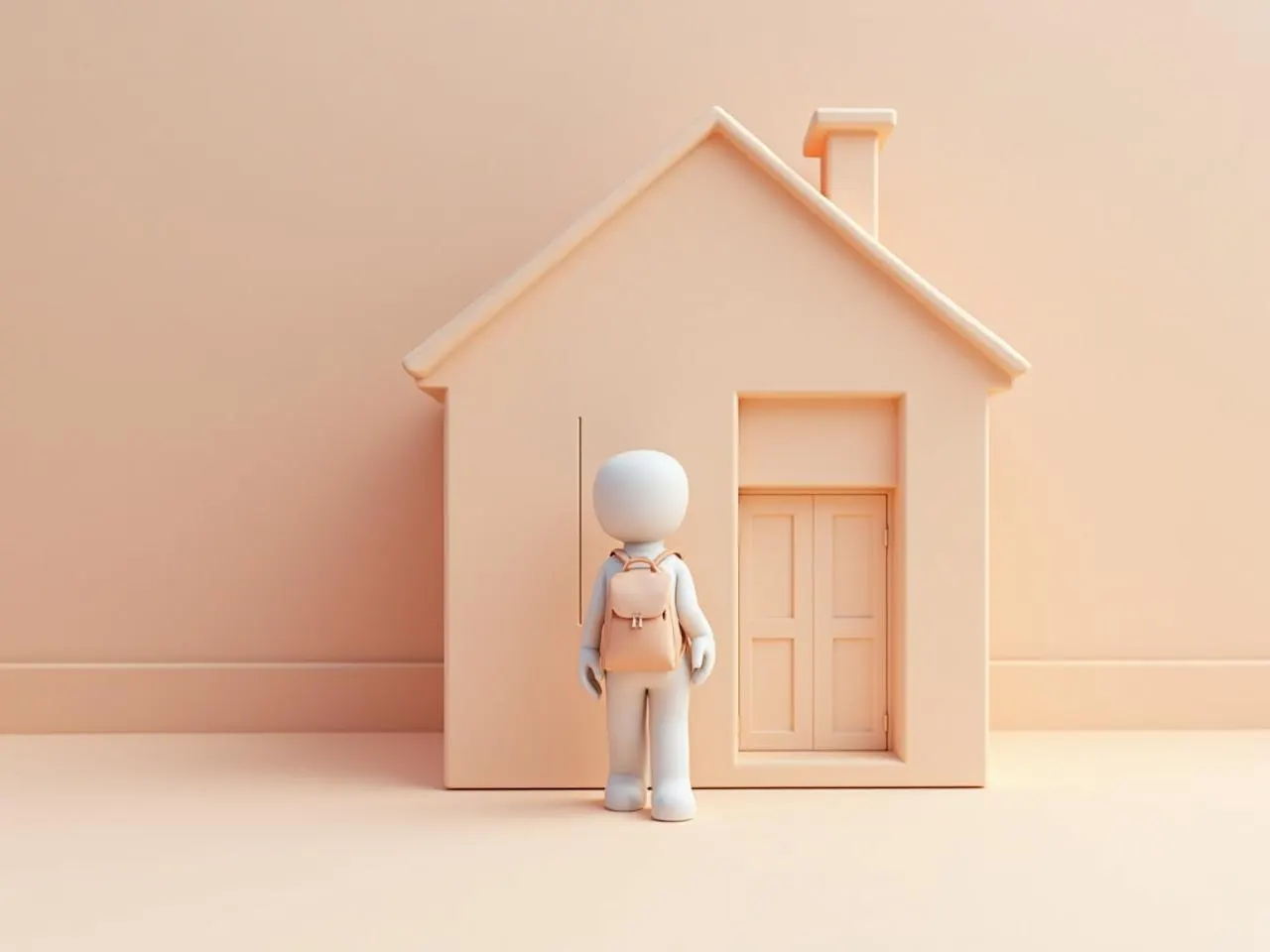 Un personnage debout devant une maison miniature