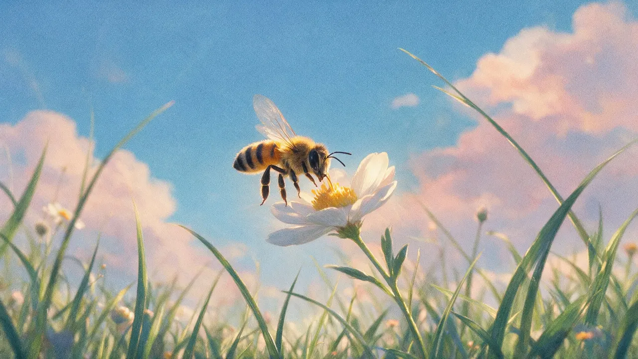 Une abeille posée sur une marguerite, dans l’herbe haute