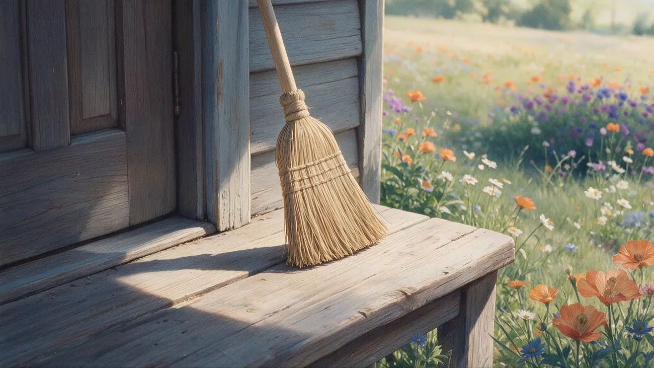 Un balai de paille appuyé contre une maison en bois, au bord d’un pré fleuri