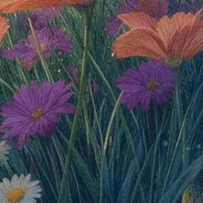 Illustration peinte de marguerites et de fleurs violettes dans l’herbe haute