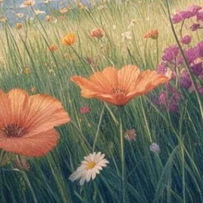 Illustration peinte d’une prairie de fleurs orangées et de marguerites au soleil