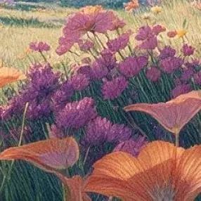 Illustration peinte d’un massif de fleurs violettes et orangées en pleine lumière