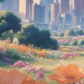 Illustration peinte d’une prairie fleurie au premier plan et d’une ville à l’horizon