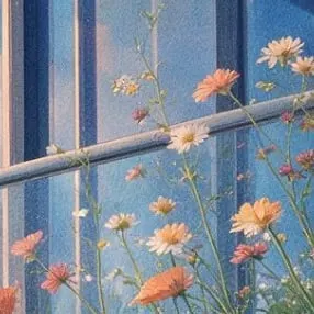 Illustration peinte de fleurs des champs devant une fenêtre aux reflets bleutés