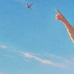 Illustration peinte d’un ciel bleu où une main désigne un oiseau en vol