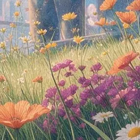 Illustration peinte d’un pré fleuri de jaune et de violet derrière une barrière